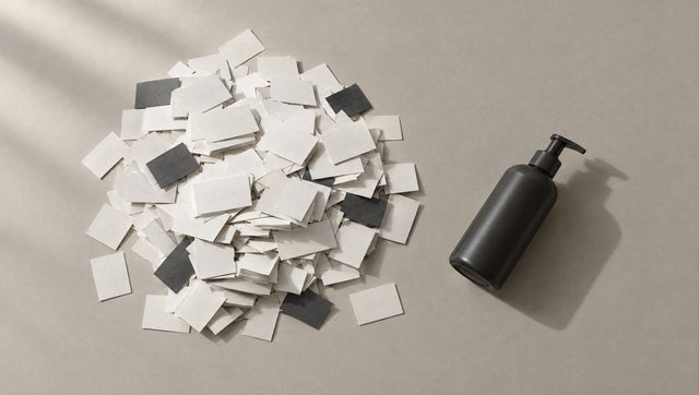 Heap of blank white and grey cards beside a dark pump bottle