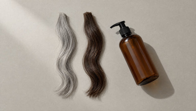 Grey and brown locks of hair beside an amber pump bottle