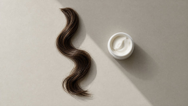 Lock of dark hair beside an open jar of cream