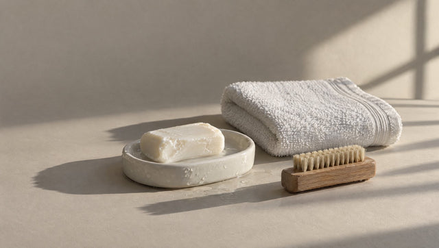 Bar of soap on a wet dish with a folded towel and a nail brush