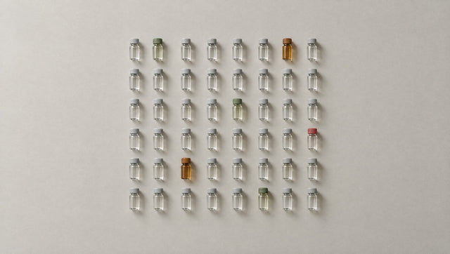 Grid of small glass vials with a few green, amber and red caps