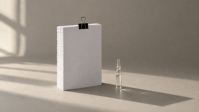 Clipped stack of blank paper beside a single glass ampoule