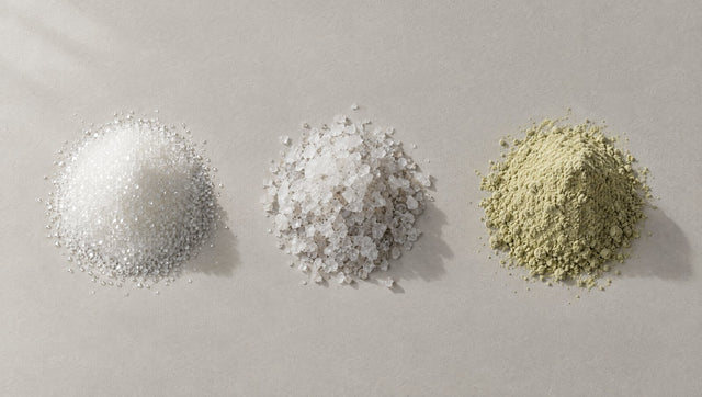 Three mounds of sugar, sea salt and mung bean powder