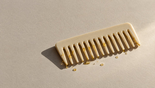 Wide-tooth comb with beads of golden oil in warm sunlight