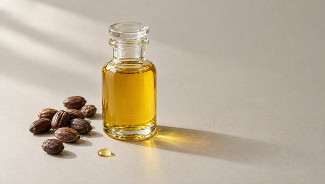 Glass bottle of golden jojoba oil beside jojoba seeds