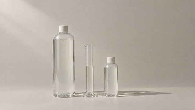 Large and small bottles of clear liquid with a glass cylinder between them