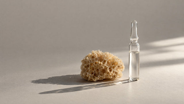 Piece of natural sea sponge beside a glass ampoule