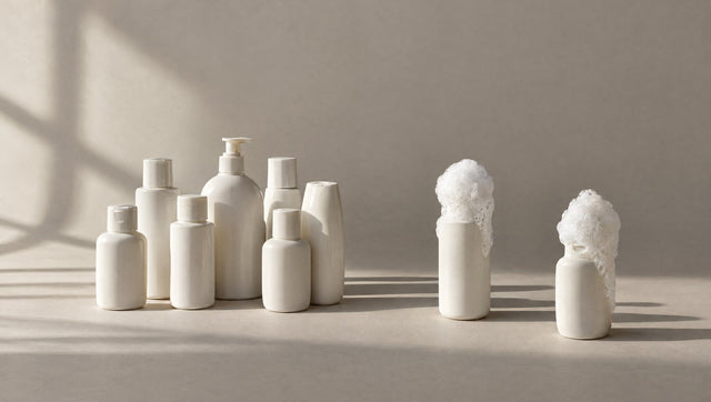 Group of plain white bottles, two set apart topped with lather