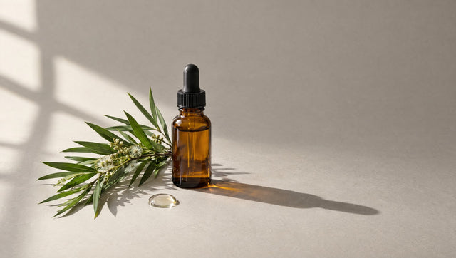 Amber dropper bottle beside a sprig of tea tree leaves