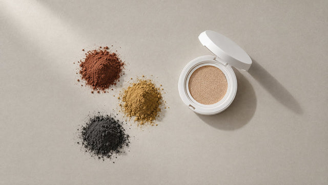 Red, yellow and black pigment powders beside an open cushion compact