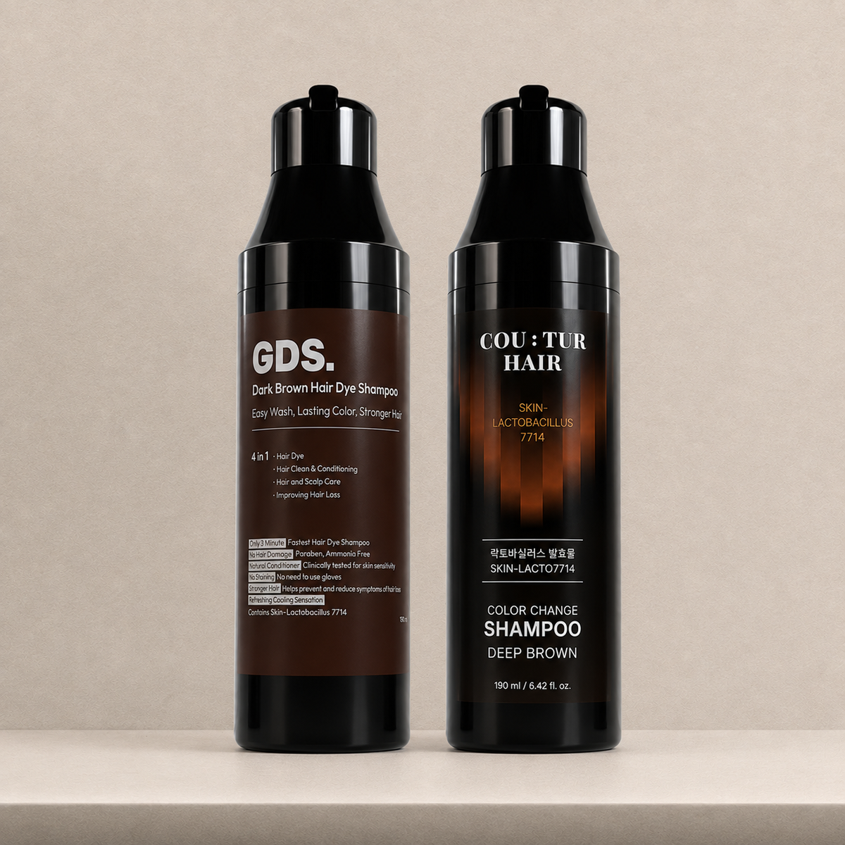 GDS Dark Brown and Couture Deep Brown bottles photographed together in one frame