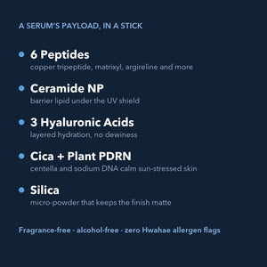 A serum's payload in a stick: six peptides, ceramide NP, three hyaluronic acids, cica and plant PDRN