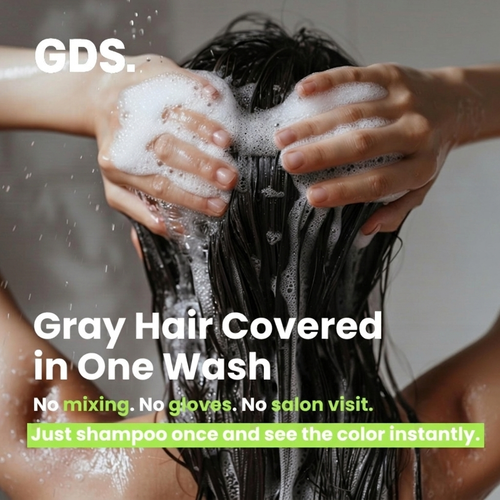 Grey roots before and after GDS Hair Dye Shampoo; coverage builds over two to three washes