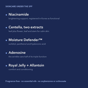 Skincare actives under the SPF: niacinamide, centella, Moisture Defender, adenosine