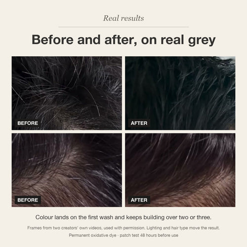 Before and after grey coverage with Levero Coloring Shampoo on two people, frames from creators' videos