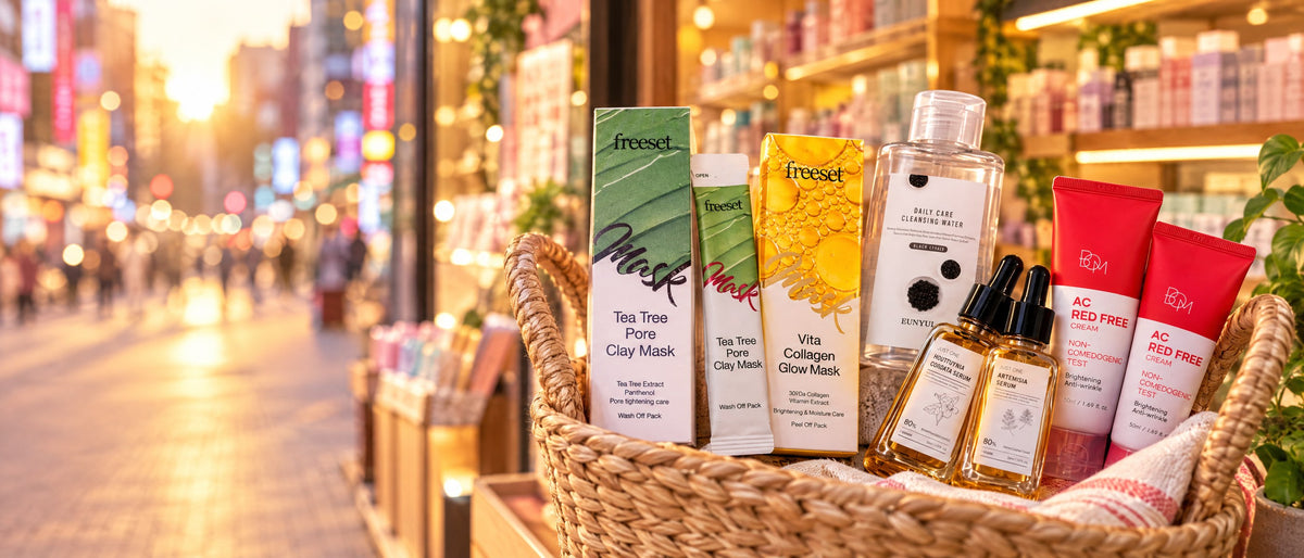 A basket of Korean skincare on a Seoul road-shop street at golden hour