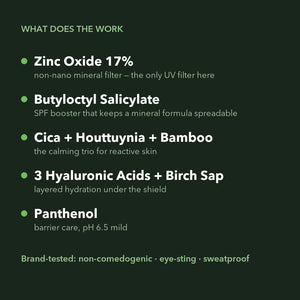 Key actives: zinc oxide 17%, SPF booster, cica trio, three hyaluronic acids, panthenol